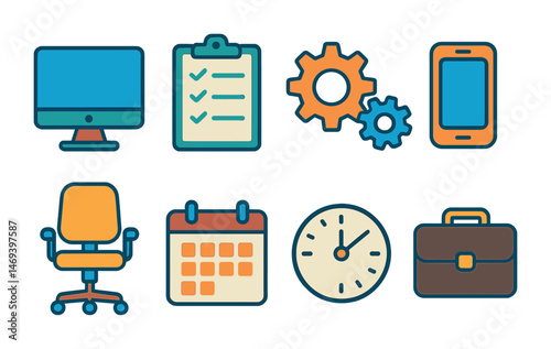 Office management flat icons set – business, workflow, productivity symbols