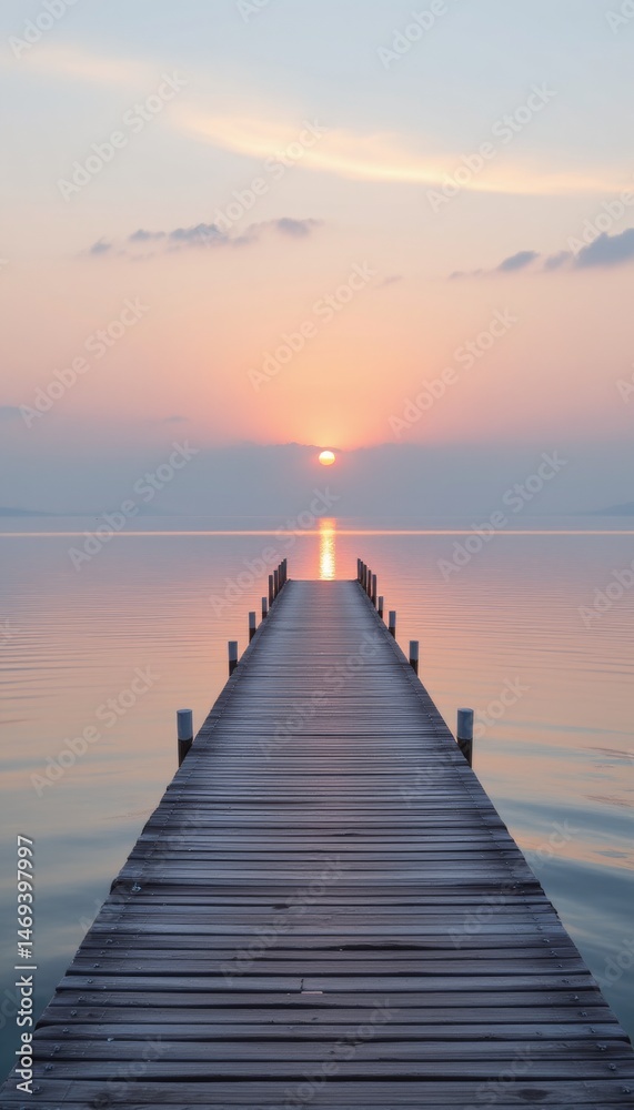 Obraz premium Tranquil Sunrise Over Water with Wooden Pier