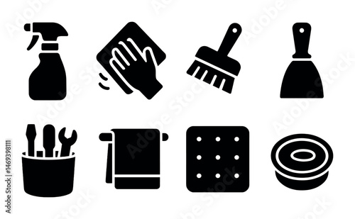 Cleaning and maintenance solid icons set – tools, cleaning supplies, household symbols