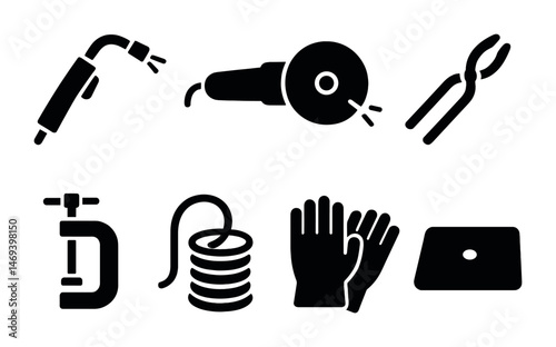 Construction tools solid icons set – filled, industrial, building equipment graphics