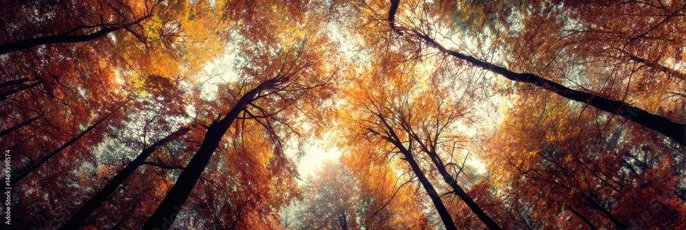 Colorful Forest Canopy Showcasing Warm Autumn Hues and Light Filtering Through Trees During a Serene Autumn Afternoon Generative AI
