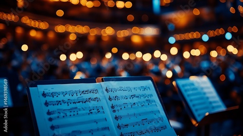 Ambient concert hall atmosphere featuring open music score on stand