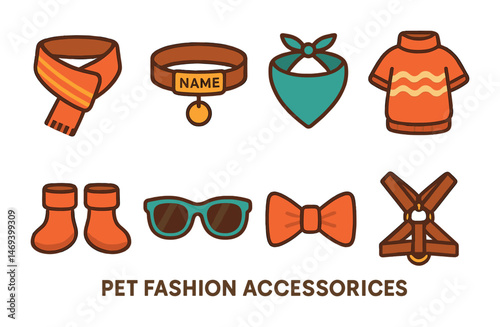 Pet fashion accessories icons set – flat, filled, stylish apparel and gear