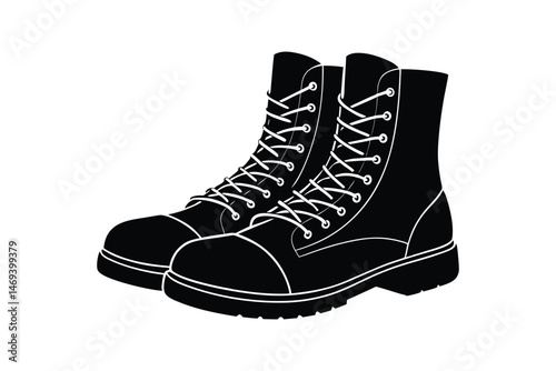 Silhouette art illustration a pair of combat boots with tight lacing.eps