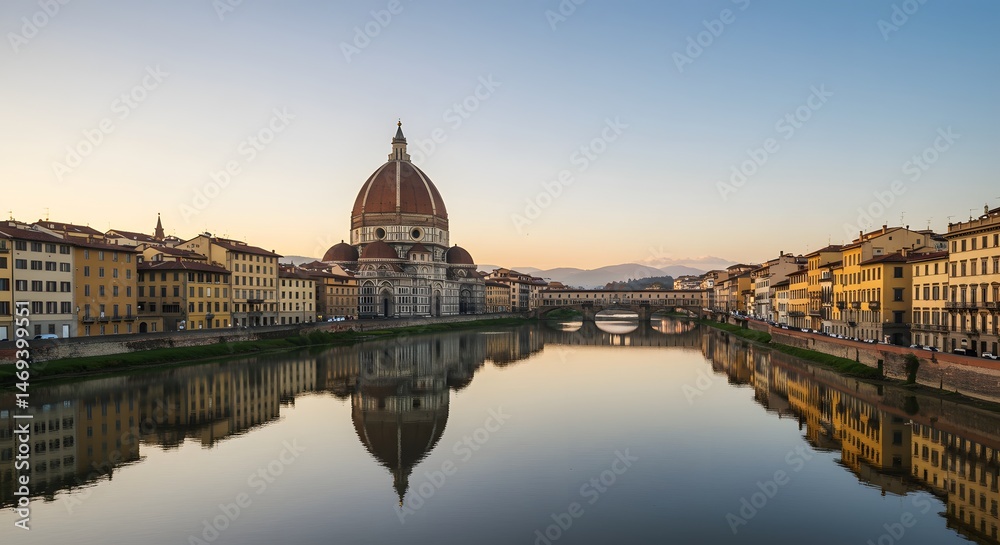 Fototapeta premium Florence Cathedral Reflected in River Arno at Sunrise