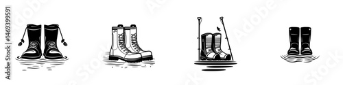 Waterproof footwear icons representing different styles and activities during rainy weather