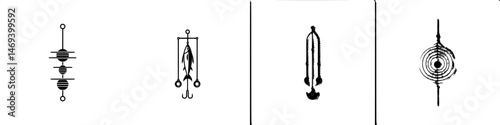 Vector illustration icons of various tools related to fishing, depicting different equipment used for angling activities