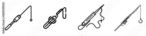 Illustration of fishing equipment icons representing various types of rods and reels used in aquatic sports and recreation activities