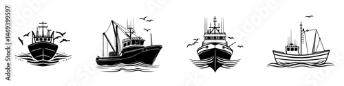 Variety of fishing boats illustrated in a vector style showcasing marine activity on calm waters