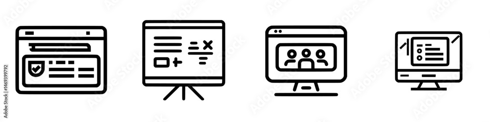 Vector icons for digital communication: web security, presentations, online meetings, and displays for modern business apps Vector icons for digital communication: web security, presentations, online meetings, and displays for modern business apps