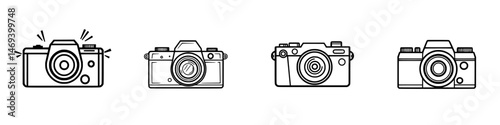 Vector illustration of four vintage camera designs featuring various styles and angles for photography enthusiasts and artists
