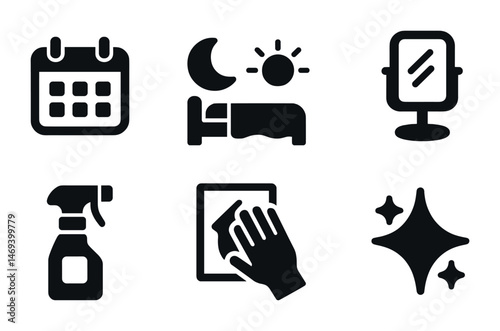 Cleaning and household solid icons set – filled, daily tasks and maintenance symbols