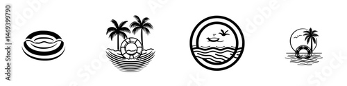 Vector illustration icons of beach elements featuring flotation devices, palm trees, and ocean waves during a summer afternoon