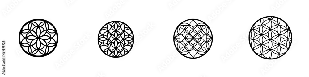 Various vector illustration icons showcasing intricate circular patterns with geometric designs in a minimalist style Various vector illustration icons showcasing intricate circular patterns with geometric designs in a minimalist style