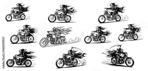 Grim reaper skeleton riders on vintage motorcycles for biker merchandise, motorcycle club logos, and dark fantasy illustration