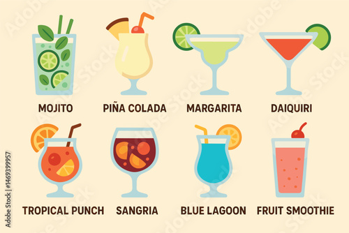 Refreshing cocktails icons set – flat, filled, beverage and drink symbols