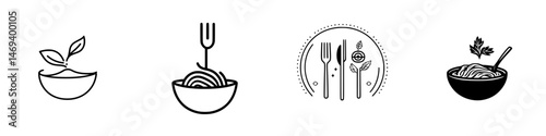 Vector illustration of food icons featuring bowls, utensils, and ingredients in a simple and modern design