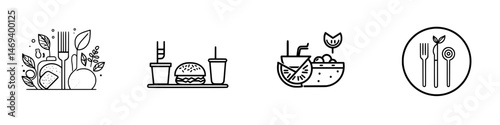 Vector illustration icons of food items representing healthy eating, fast food, refreshing drinks, and dining utensils