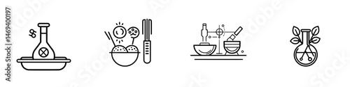 Vector icon set depicting food preparation, restaurant healthy meals, organic ingredients, and science-based cooking techniques