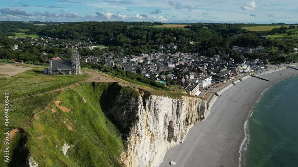 Aerial high angle shot of etretat and famous natural landmark Falaise of Aval white cliffs Aerial high angle shot of etretat and famous natural landmark Falaise of Aval white cliffs