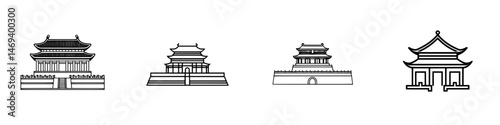 Icon set of traditional architectural designs depicting temples and historical buildings in a minimalist vector style