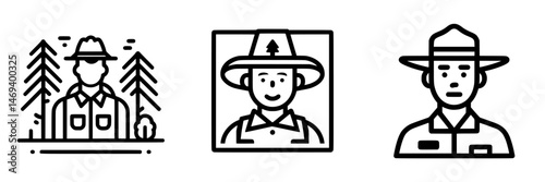 Vector illustration icons depicting a park ranger in various poses and styles against a natural background