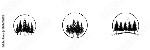 Vector illustration icons of trees in circular designs showcasing different arrangements and perspectives in natural settings