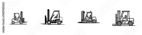 Vector illustration of forklifts in various angles and positions in a warehouse setting