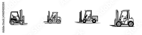 Vector illustration showcasing various forklift designs in different perspectives and positions for industrial and logistics use
