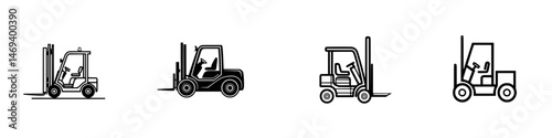 Various vector illustrations of forklifts used for material handling in warehouses during daytime operations