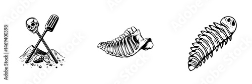 Vector illustration of skull and bones in a burial site with shovel, worm, and ribcage style artwork elements