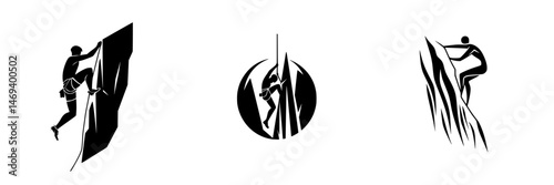Vector illustration icons depicting rock climbing activities showcasing climbers ascending various rock formations