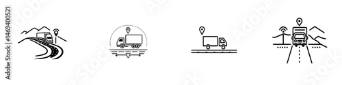 Vector illustration icons depicting various logistics and transportation scenarios related to truck delivery routes and tracking
