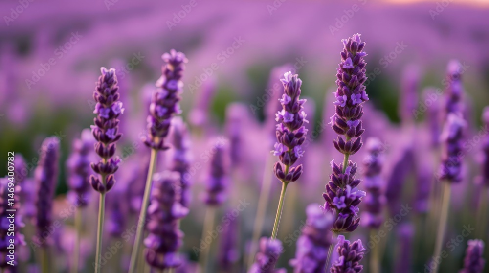 Fototapeta premium Vibrant purple lavender flowers in a field, bathed in soft sunlight