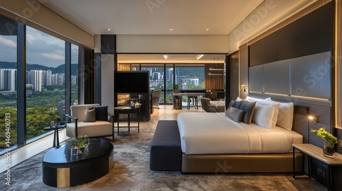 Opulent Hotel Suite Showcasing Panoramic Cityscape and Luxurious Amenities