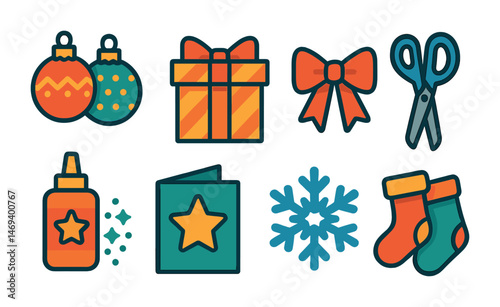 Holiday craft flat icons set – festive, celebration, and diy symbols