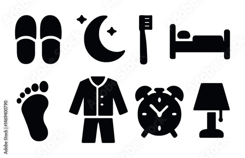 Bedtime routine silhouette icons set – night, sleep, minimalist design
