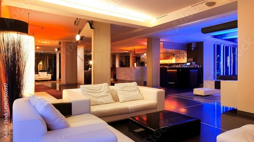 Sophisticated hotel lobby or stylish club lounge with modern decor elements