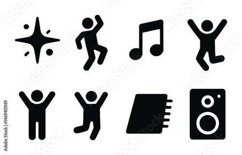 Music and dance icons set – solid, silhouette, rhythm and celebration symbols