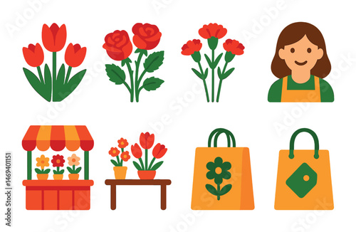 Florist and gardening icons set – flat, filled, flowers and plant shop graphics