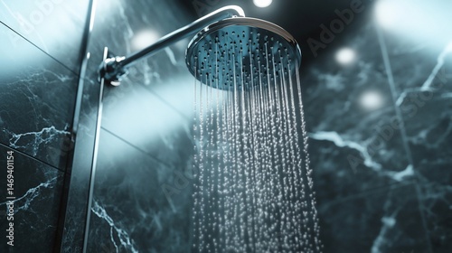 Modern chrome shower head with flowing water in luxurious bathroom setting