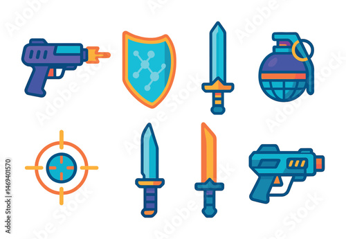 Weapons and warfare outline icons set – combat, military tools, defense symbols