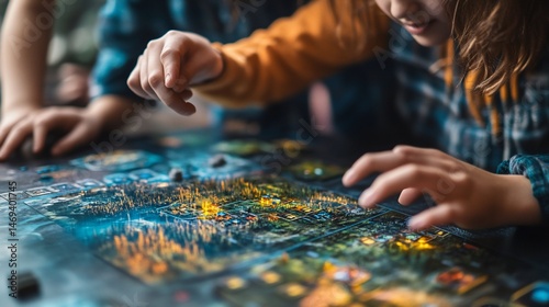 Children deeply engrossed in a captivating tabletop strategy game at home