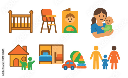 Children and family flat icons set – parenting, nursery, and kid-friendly symbols