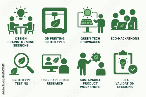 Innovative tech silhouette icons set – green, sustainable, eco-friendly design