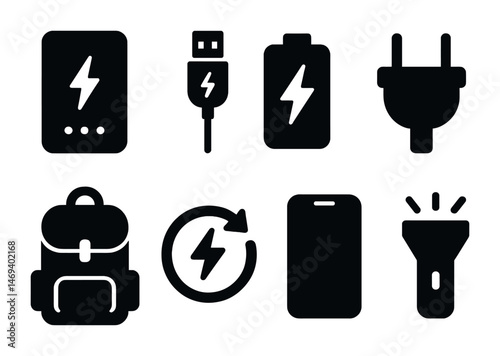 Charging and energy solid icons set – flat, filled, power and electricity symbols