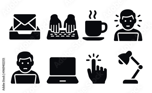 Office workflow solid icons set – filled, corporate and workplace symbols