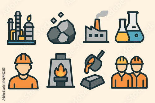 Industry and chemistry flat icons set – filled, factory, laboratory symbols