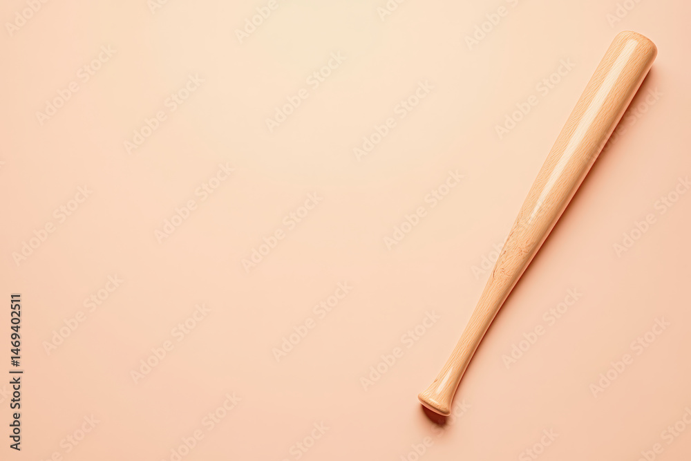 Obraz premium Baseball Bat on Peach Background. A wooden baseball bat lays diagonally against a peach-colored background, a simple but effective sports themed image.