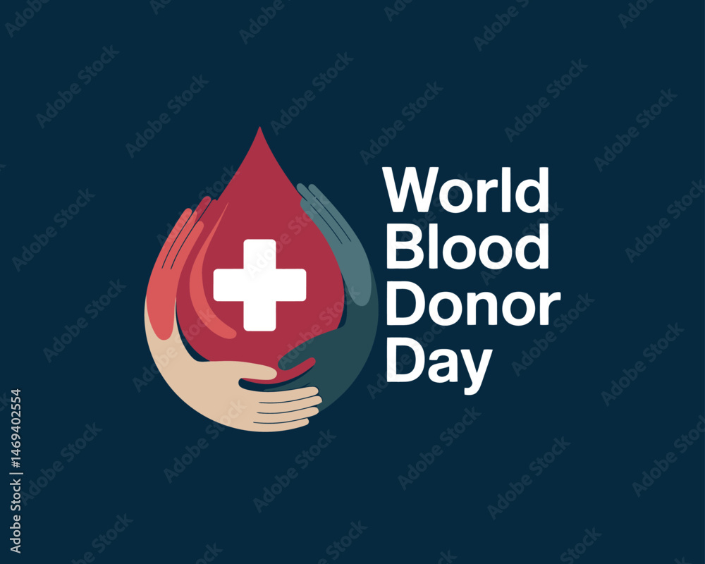 Obraz premium World Blood Donor Day graphic with diverse hands reaching for blood drop